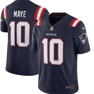 Nike Patriots #10 Drake Maye Blue Jersey, Stitched numbers and name.